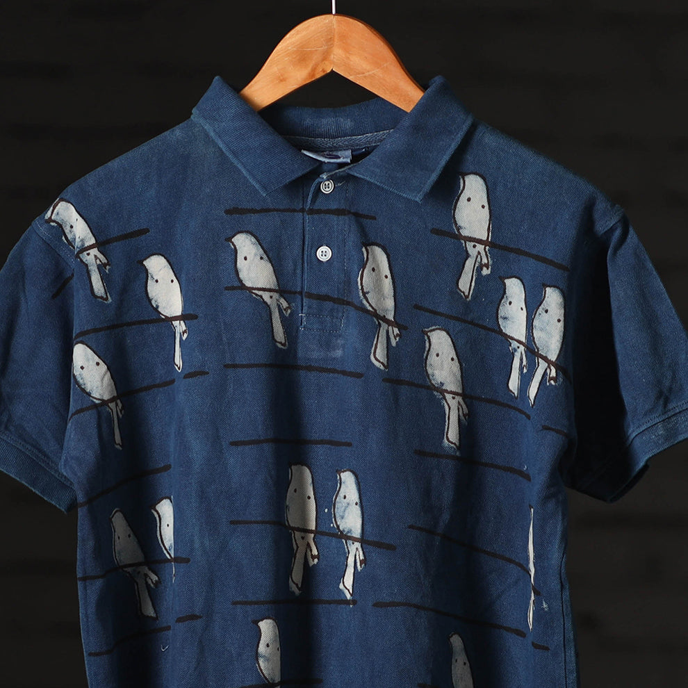 Blue - Bindaas Natural Dyed Art Block Print Polo Collar T-shirt in Cotton