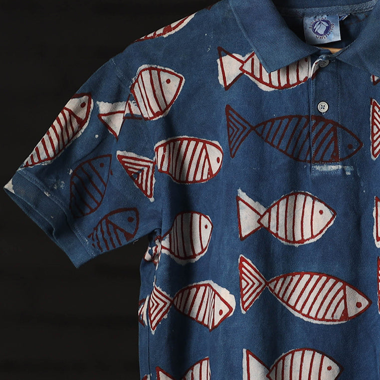 Bindaas Natural Dyed Art Block Print Unisex Polo Collar T-shirt