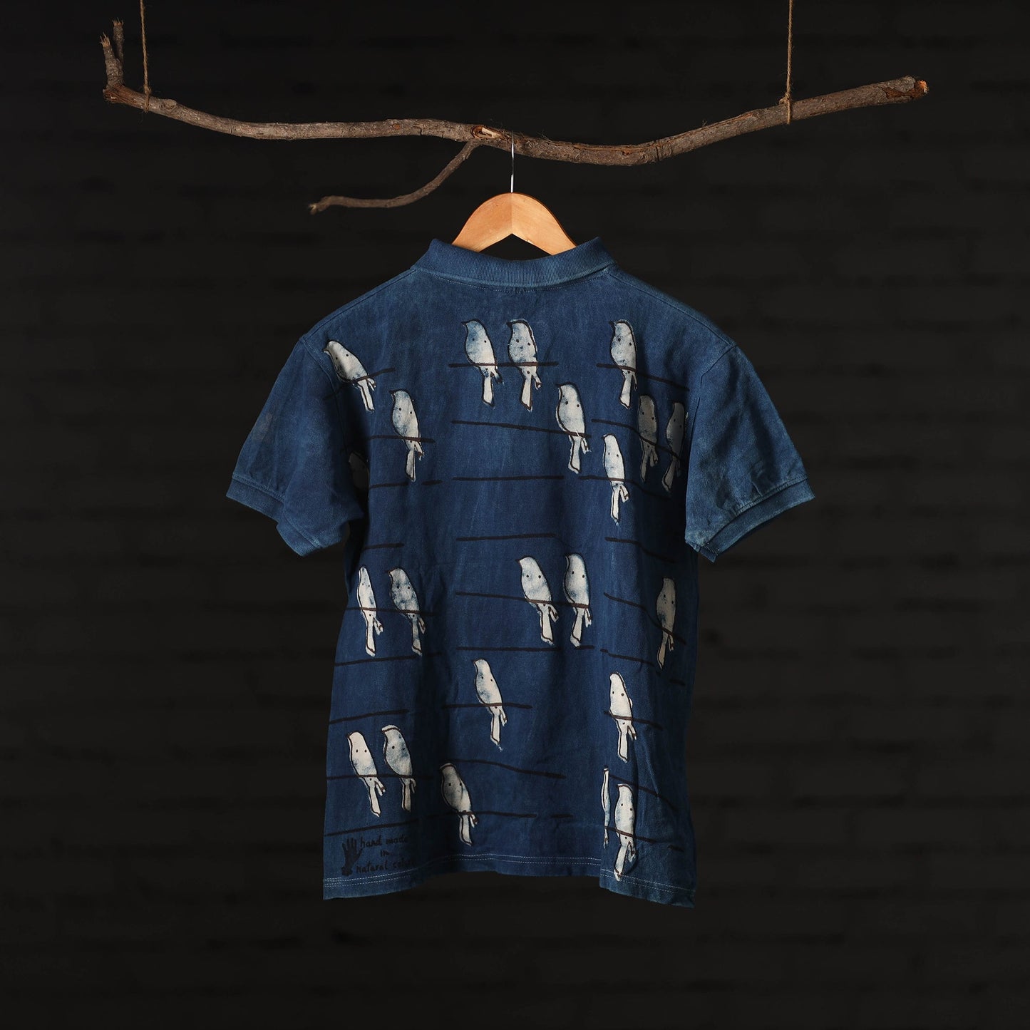 Blue - Bindaas Natural Dyed Art Block Print Polo Collar T-shirt in Cotton