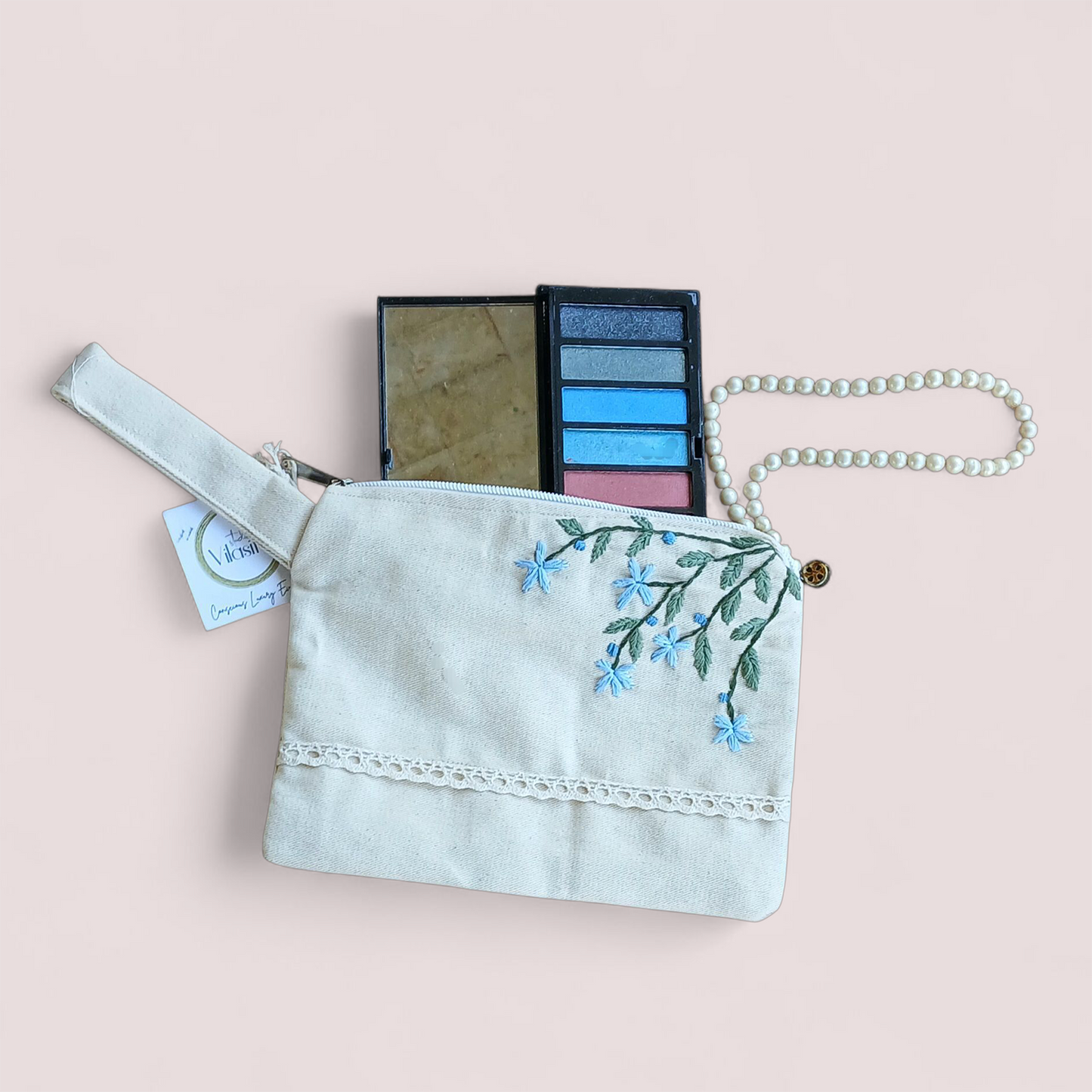 Blue bird hand embroidered utility pouch - handcrafted