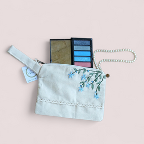 Blue bird hand embroidered utility pouch - handcrafted
