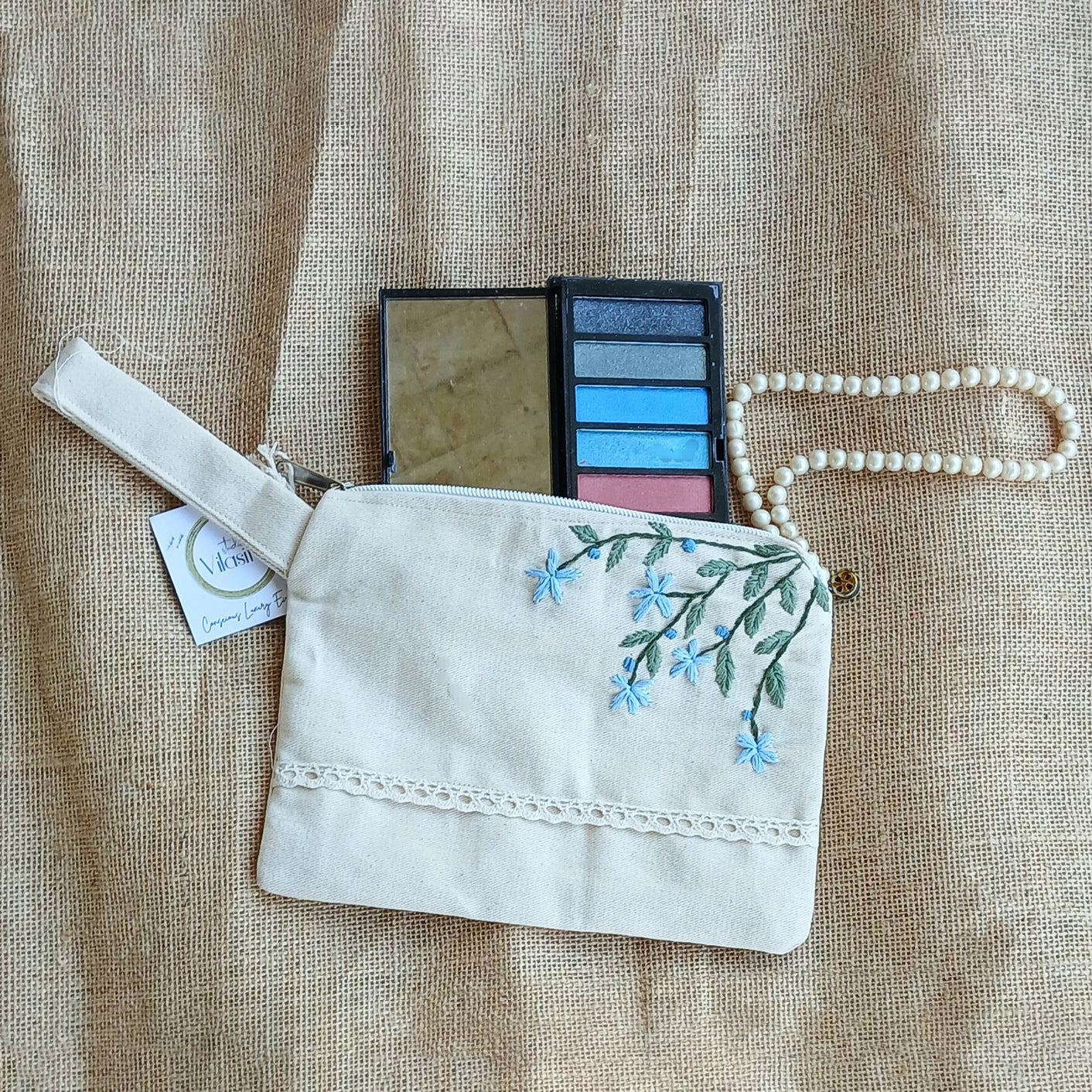 Blue bird hand embroidered utility pouch - handcrafted