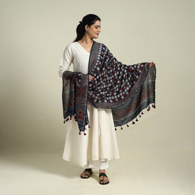 Buy Blue Block Print Chanderi Silk Handloom Ajrakh Dupatta