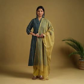 Blue Block Print Cotton Ajrakh Kurta Set with Dupatta 