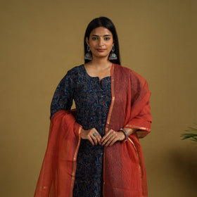 Buy Blue Block Print Cotton Ajrakh Kurta Set with Dupatta