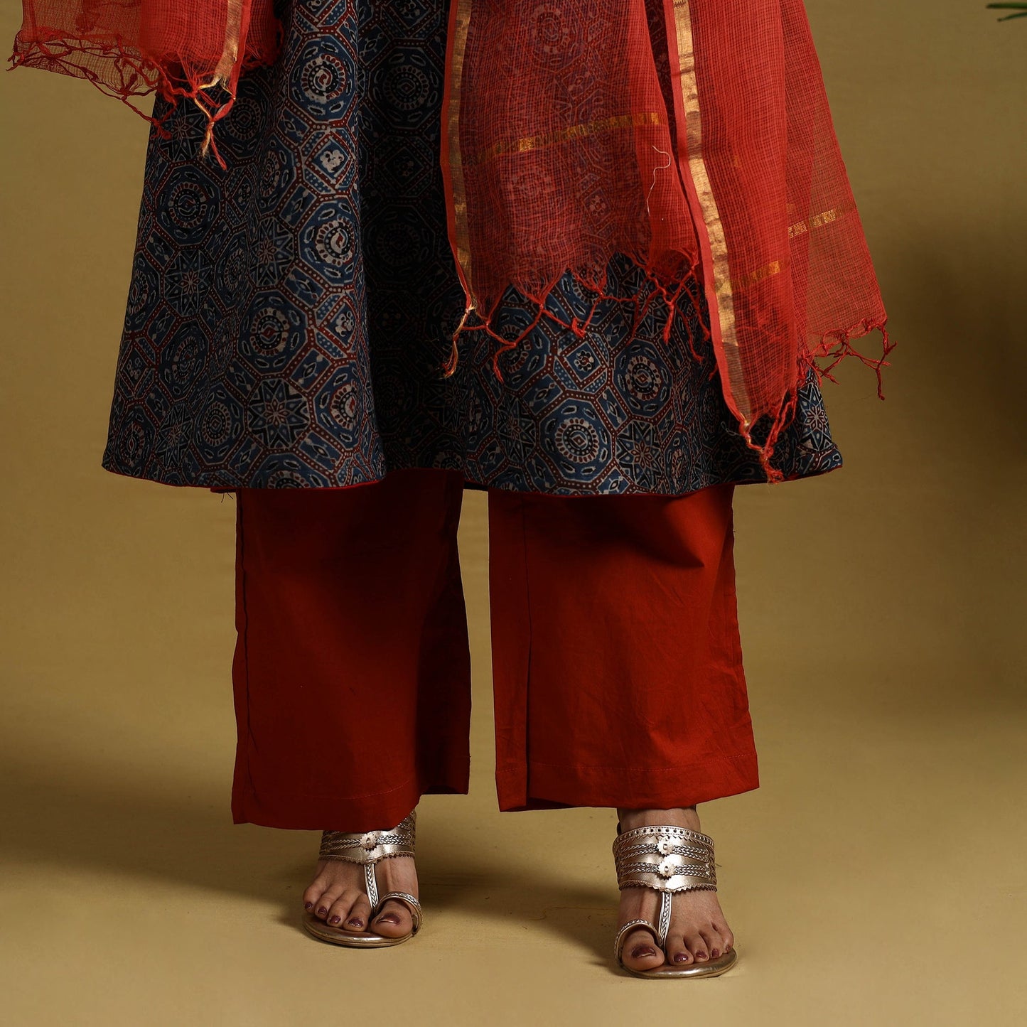  Blue Block Print Cotton Ajrakh Kurta Set with Dupatta