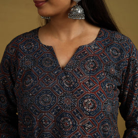  Blue Block Print Cotton Ajrakh Kurta Set with Dupatta