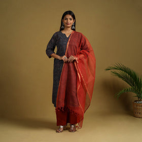 Blue Block Print Cotton Ajrakh Kurta Set with Dupatta