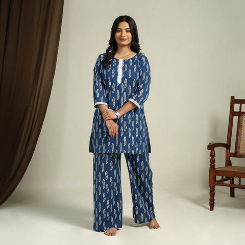  Blue Block Print Cotton Bagru Night Suit Set