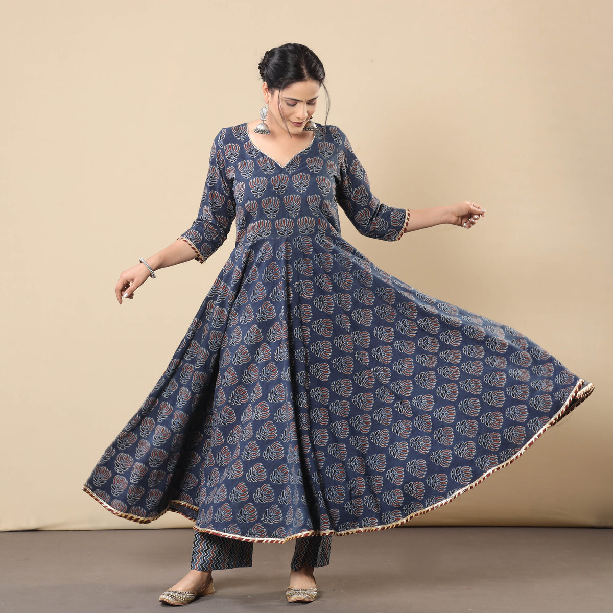  Block Print Cotton Flared Gher Ajrakh Kurta with Pant Set