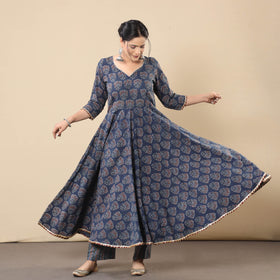  Block Print Cotton Flared Gher Ajrakh Kurta with Pant Set