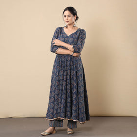  Block Print Cotton Flared Gher Ajrakh Kurta with Pant Set