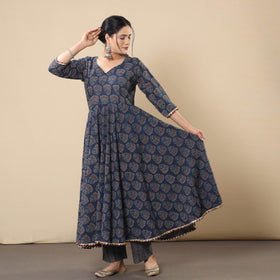  Block Print Cotton Flared Gher Ajrakh Kurta with Pant Set