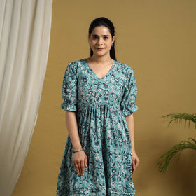 Buy Blue Block Print Cotton Frill Sanganeri Dress