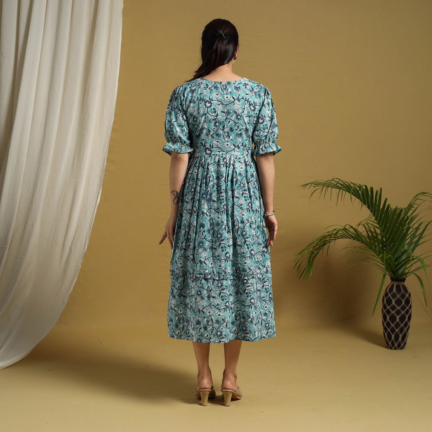 Buy Blue Block Print Cotton Frill Sanganeri Dress
