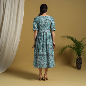 Buy Blue Block Print Cotton Frill Sanganeri Dress