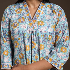 Blue - cotton a-line sanganeri kurta 02 - handcrafted