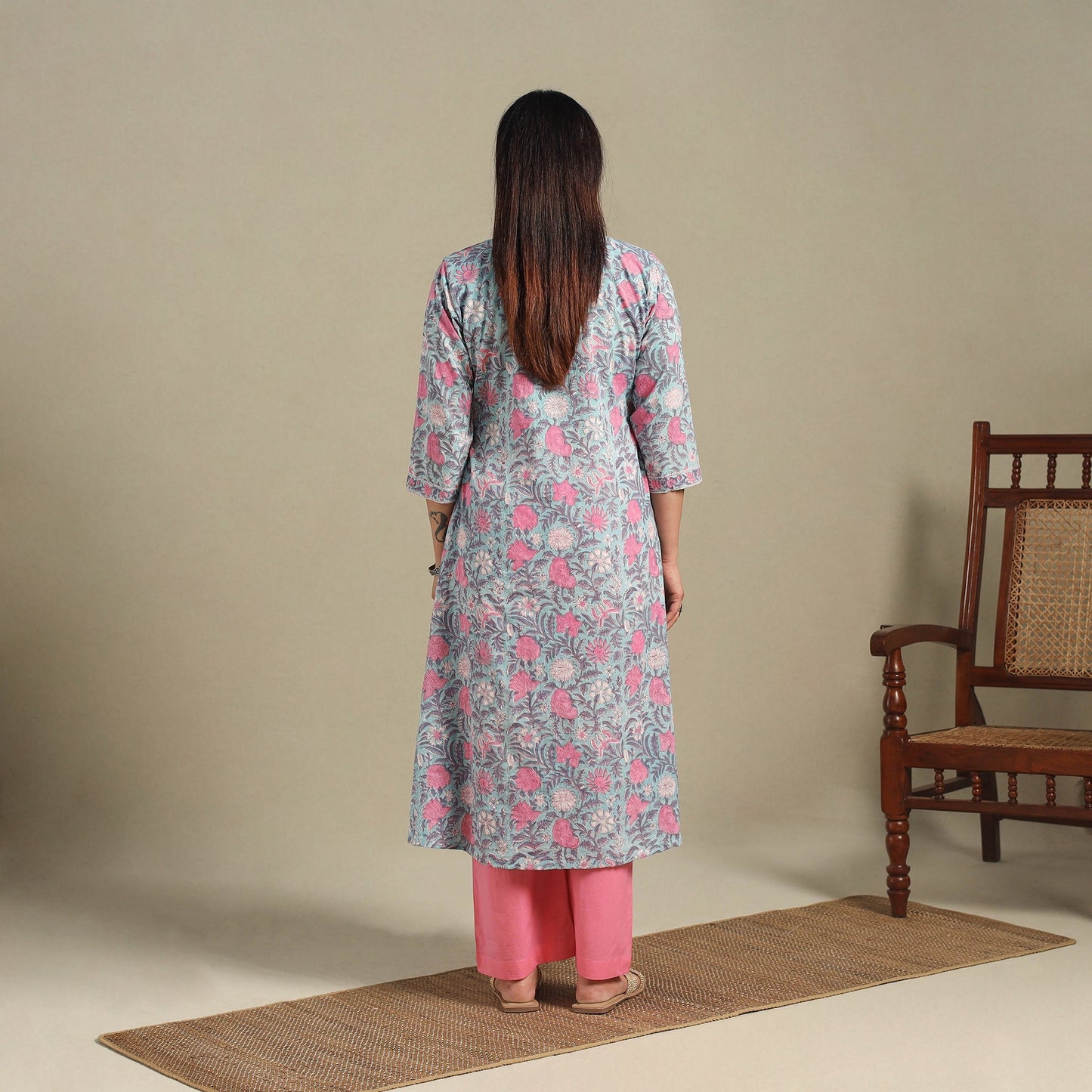 Blue - cotton a-line sanganeri kurta 04 - handcrafted