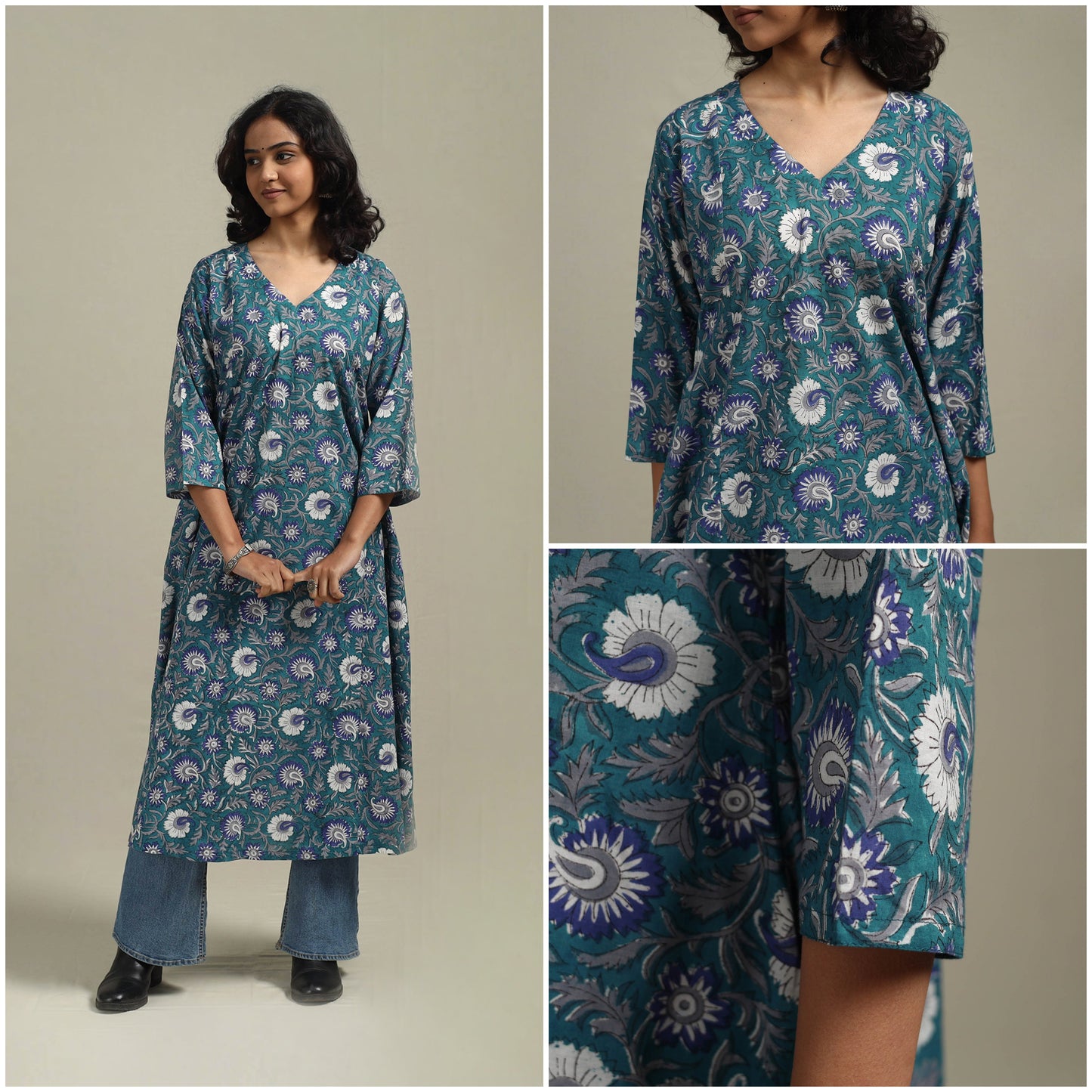Blue - cotton a-line sanganeri kurta 11 - handcrafted