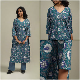 Blue - cotton a-line sanganeri kurta 11 - handcrafted