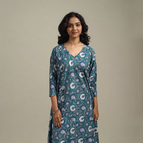 Blue - cotton a-line sanganeri kurta 11 - handcrafted