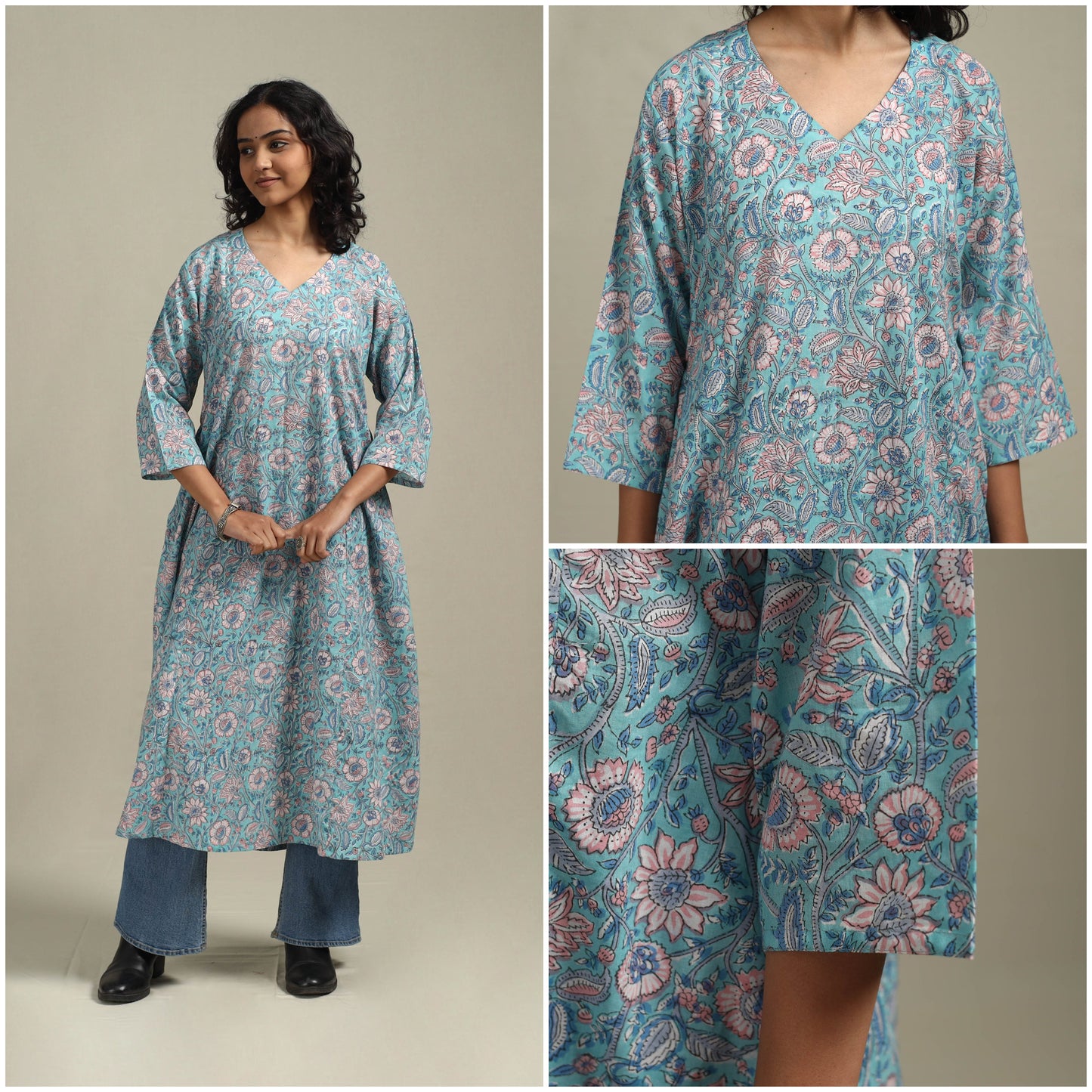 Blue - cotton a-line sanganeri kurta 12 - handcrafted