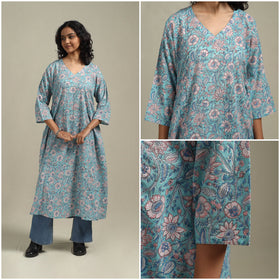 Blue - cotton a-line sanganeri kurta 12 - handcrafted