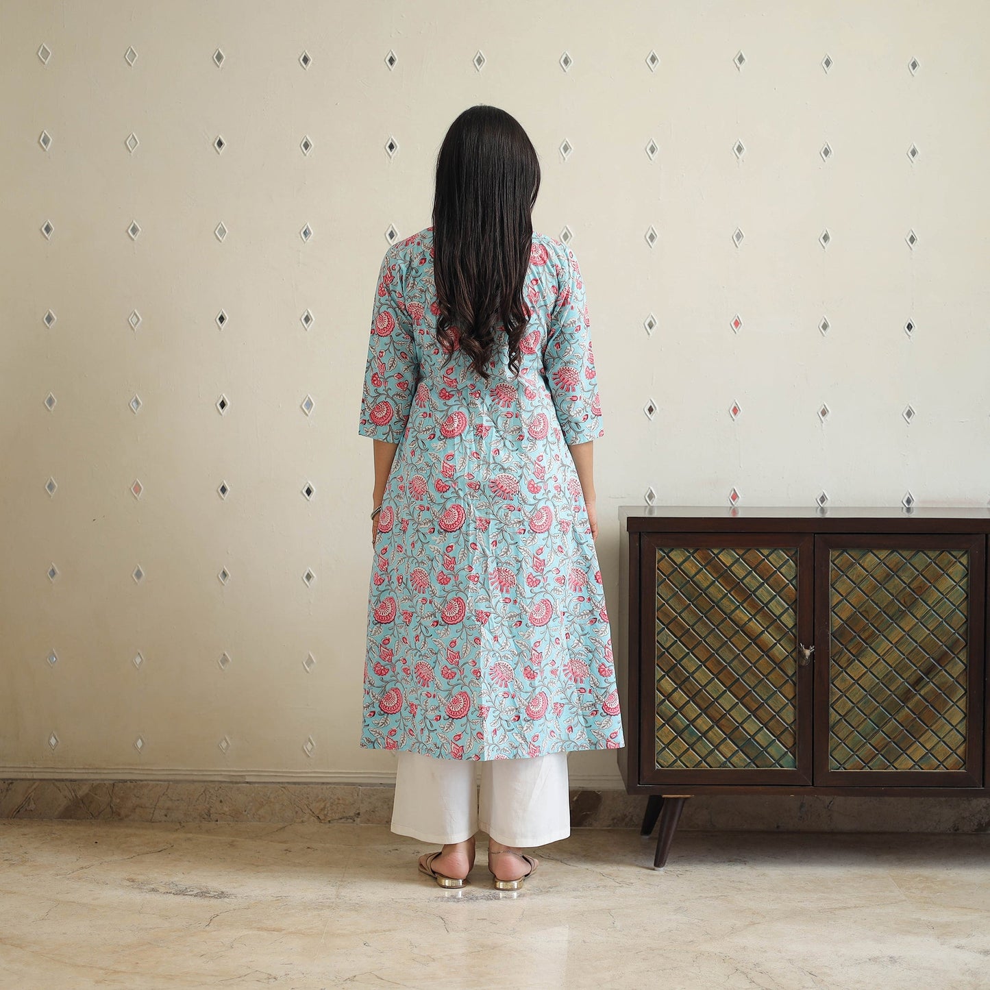 Blue Block Print Cotton A-Line Sanganeri Kurta