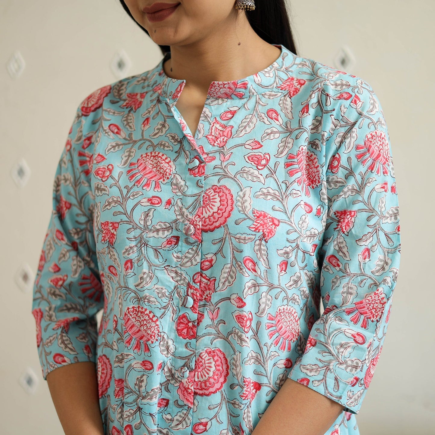 Blue Block Print Cotton A-Line Sanganeri Kurta