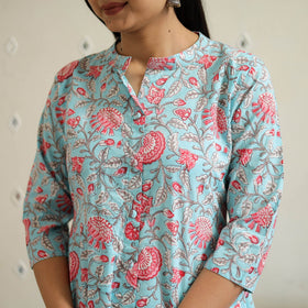 Blue Block Print Cotton A-Line Sanganeri Kurta