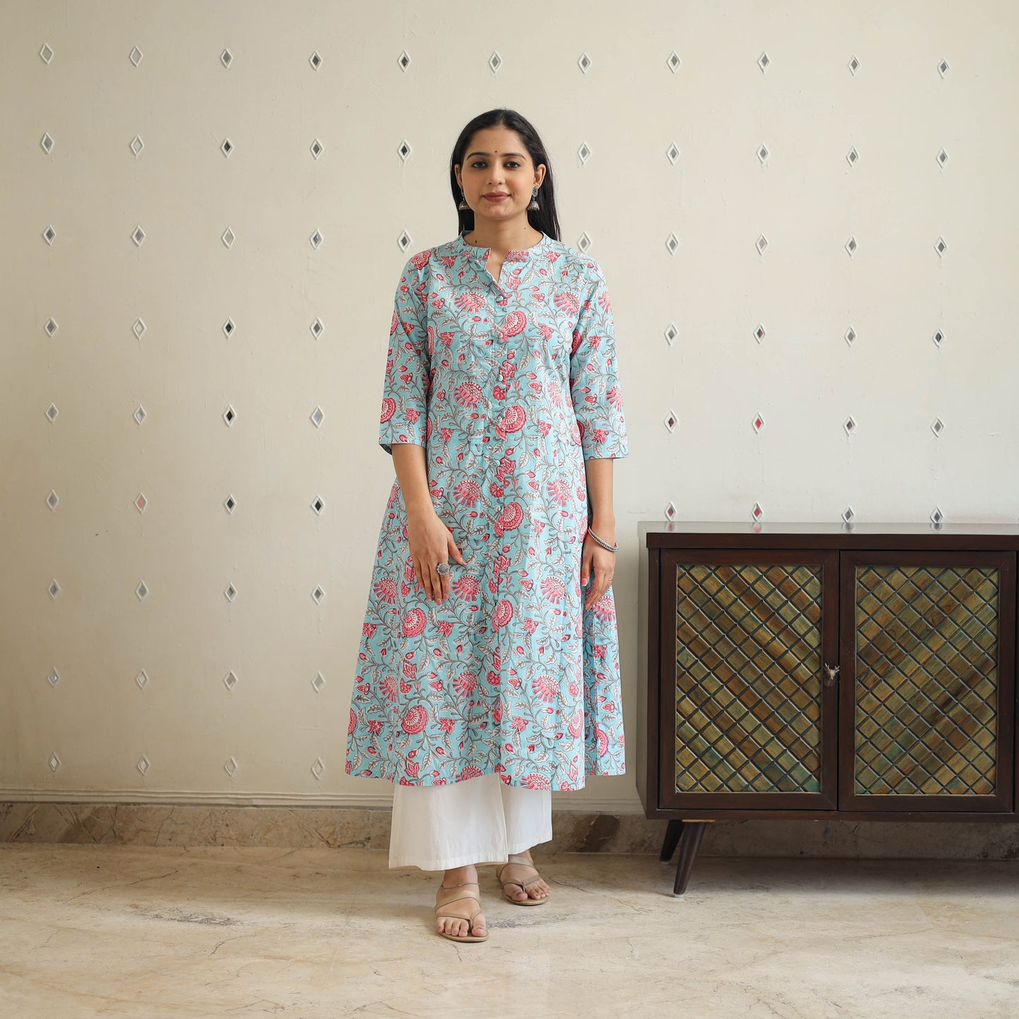 Blue Block Print Cotton A-Line Sanganeri Kurta