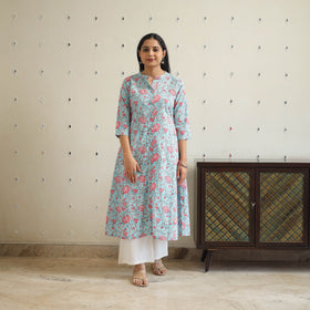 Blue Block Print Cotton A-Line Sanganeri Kurta