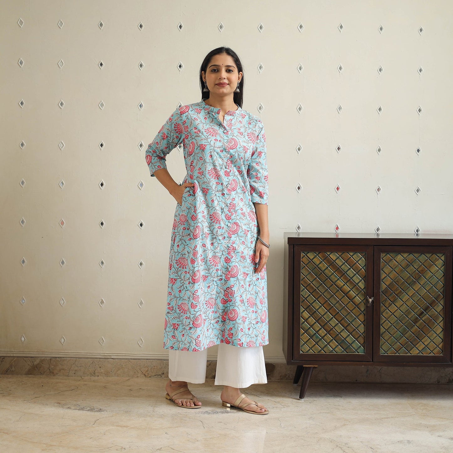 Blue Block Print Cotton A-Line Sanganeri Kurta