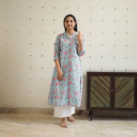 Blue Block Print Cotton A-Line Sanganeri Kurta