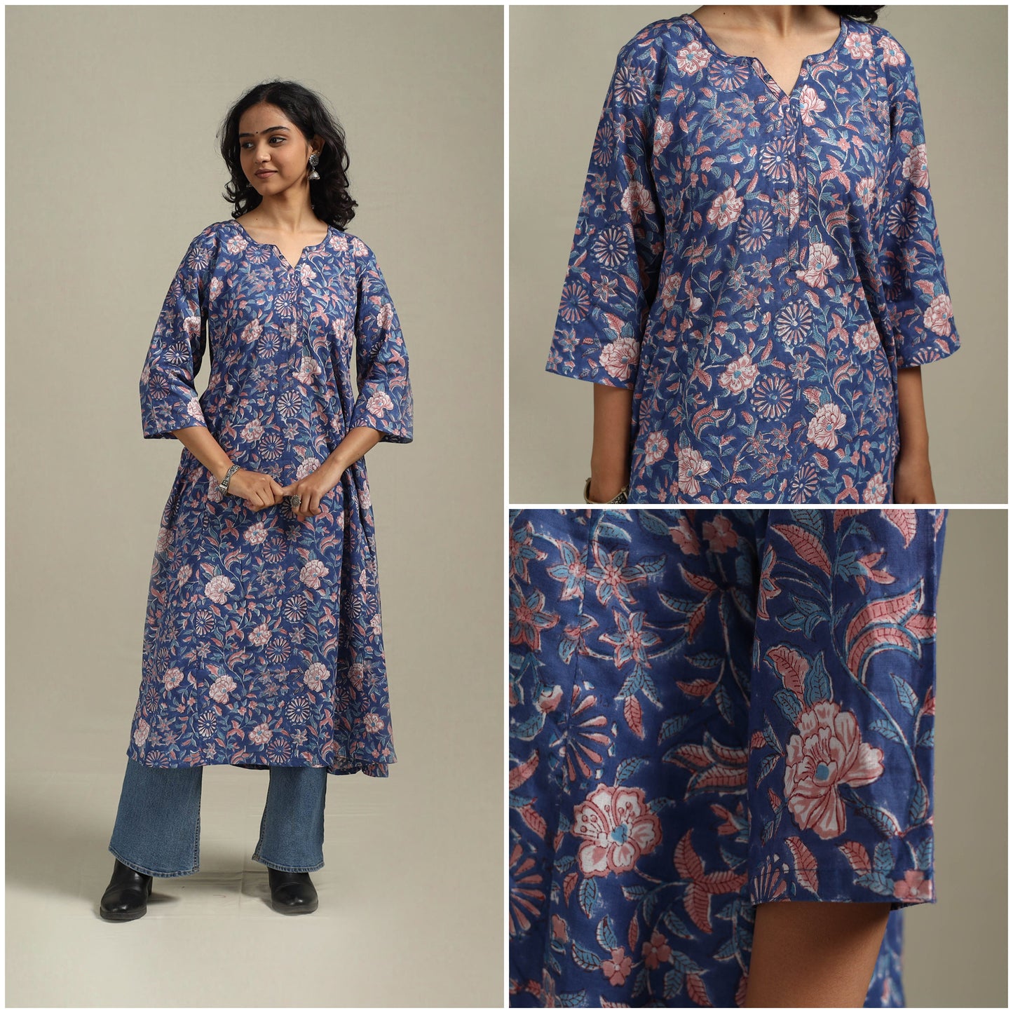 Blue - cotton a-line sanganeri kurta 27 - handcrafted