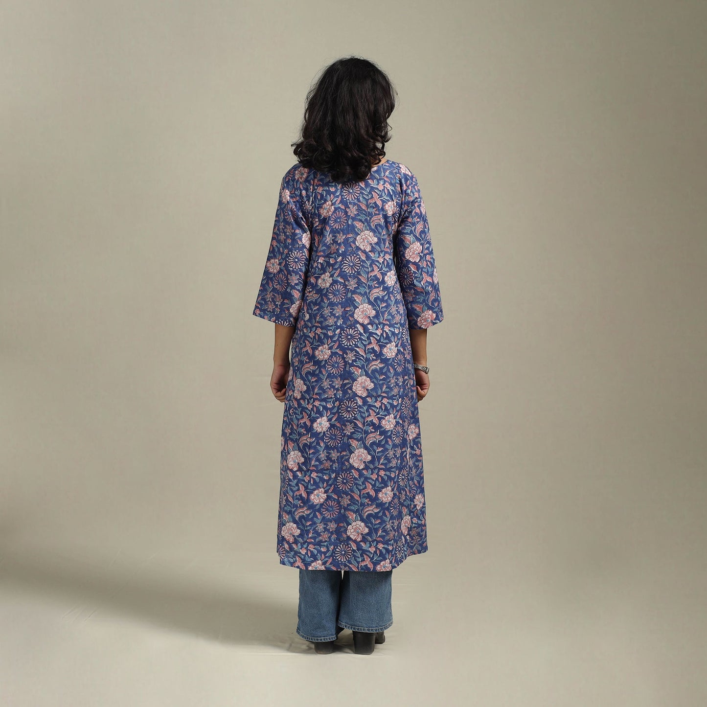 Blue - cotton a-line sanganeri kurta 27 - handcrafted