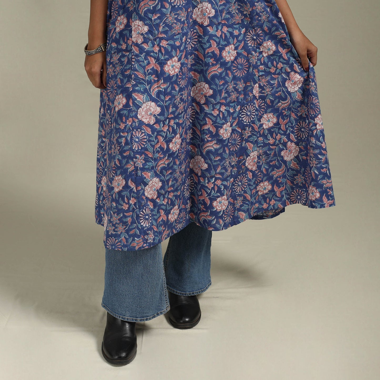 Blue - cotton a-line sanganeri kurta 27 - handcrafted