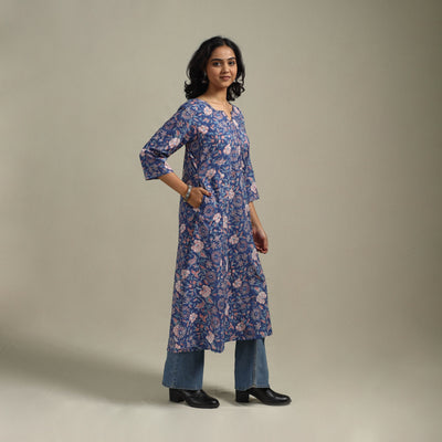 Blue - cotton a-line sanganeri kurta 27 - handcrafted