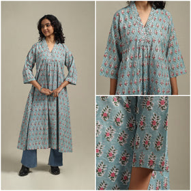 Blue - cotton a-line sanganeri kurta 33 - handcrafted