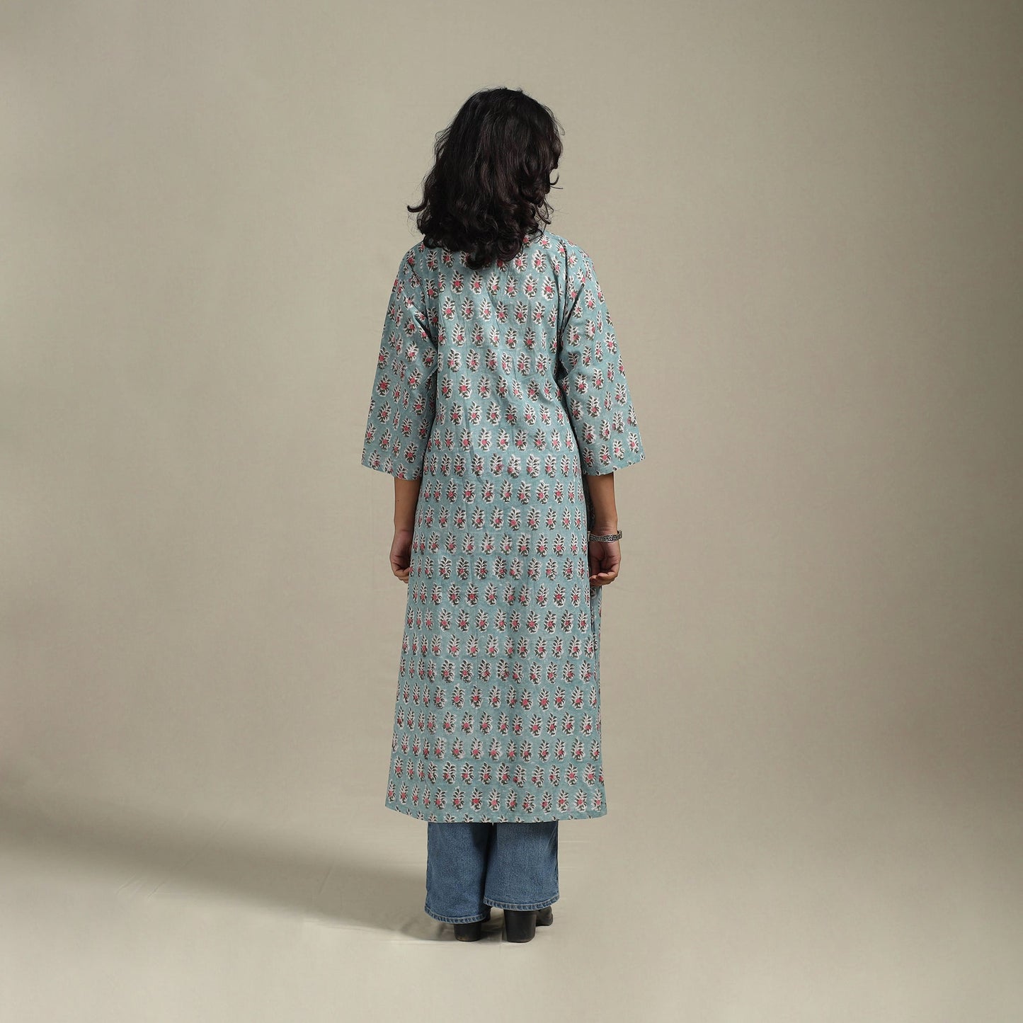 Blue - cotton a-line sanganeri kurta 33 - handcrafted