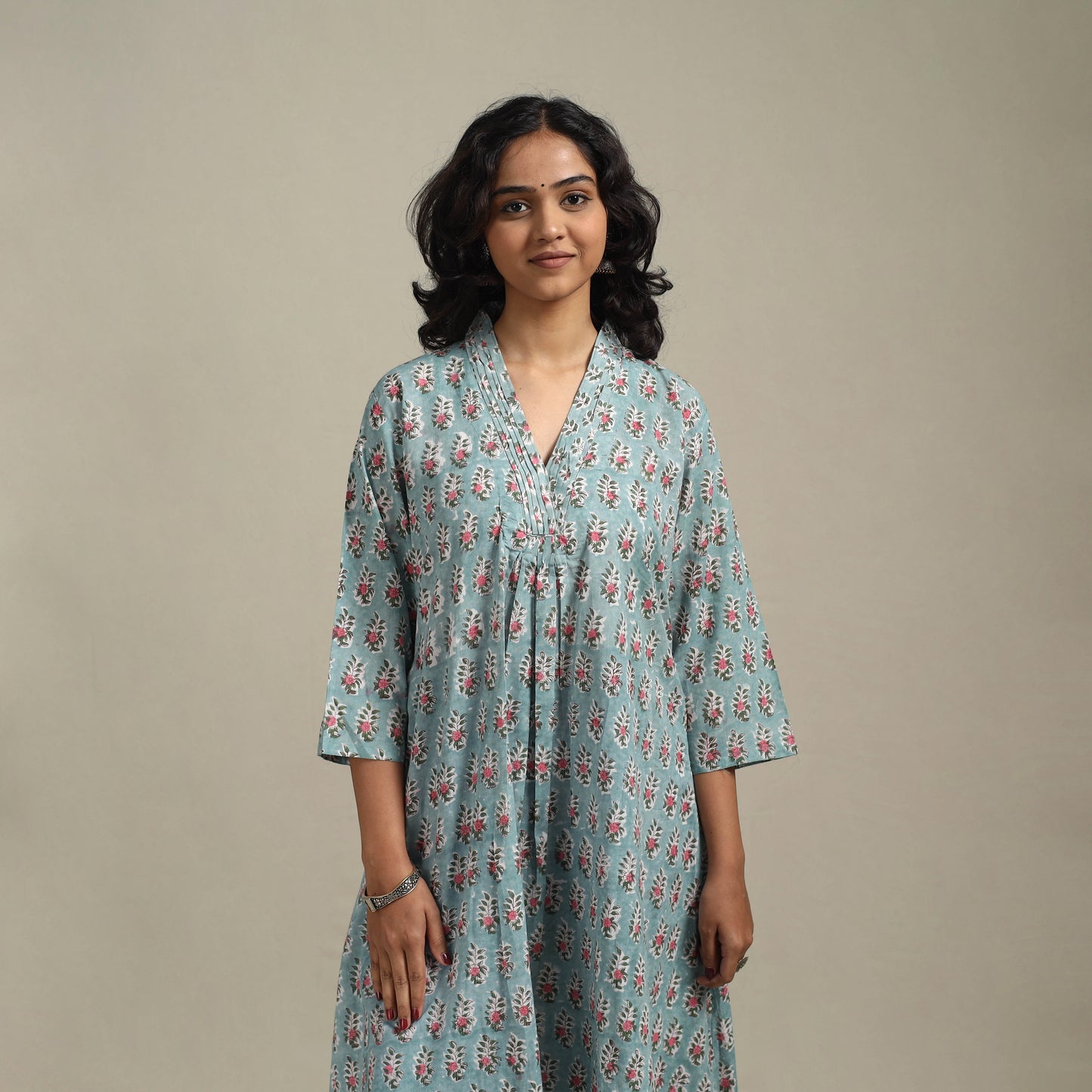 Blue - cotton a-line sanganeri kurta 33 - handcrafted