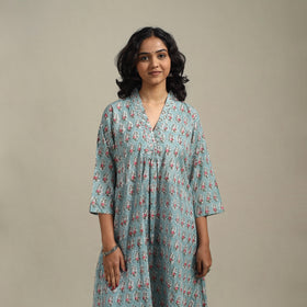 Blue - cotton a-line sanganeri kurta 33 - handcrafted