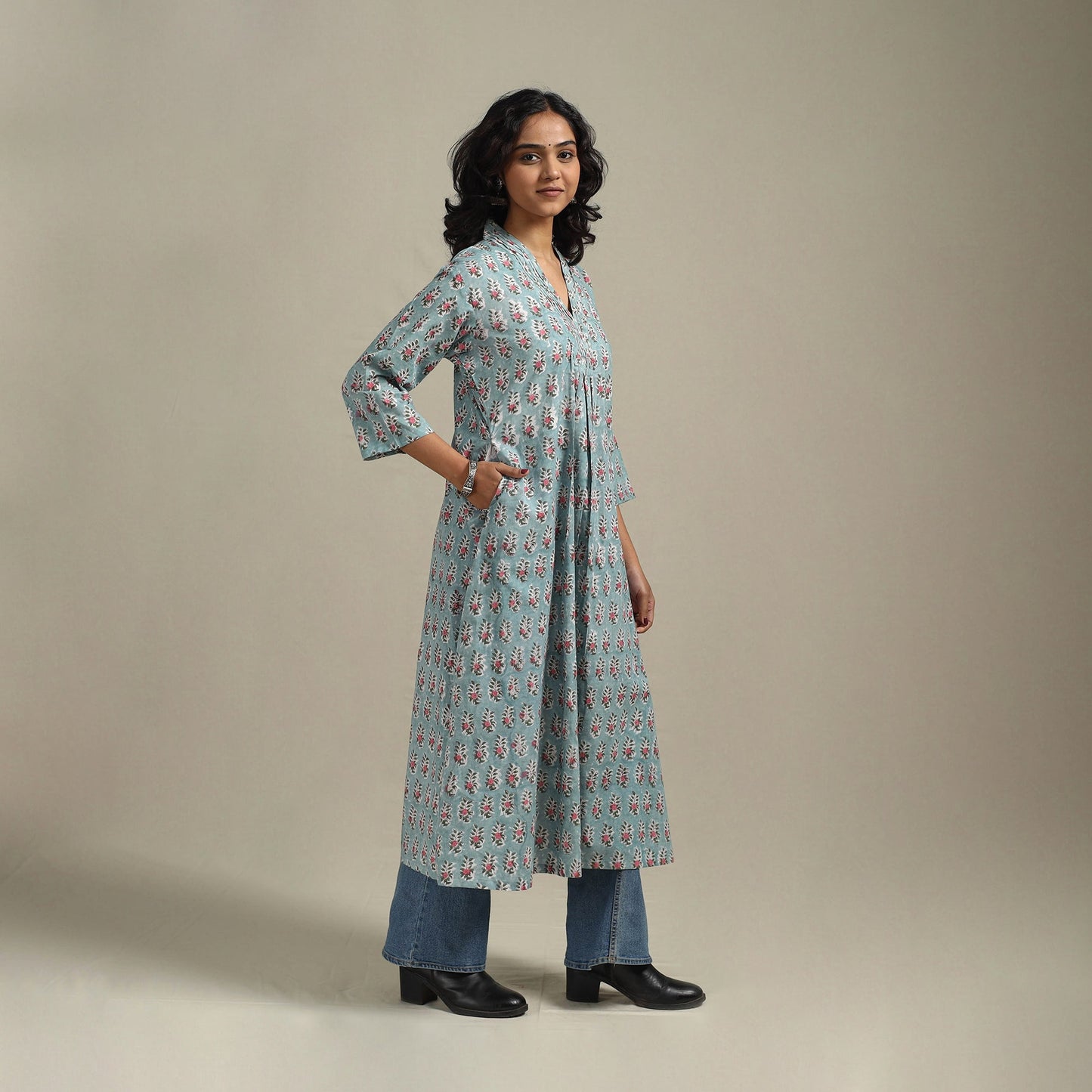 Blue - cotton a-line sanganeri kurta 33 - handcrafted