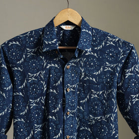 Blue Block Print Cotton Men Full Sleeve Indigo Bagru Shirt