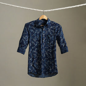 Blue Block Print Cotton Men Full Sleeve Indigo Bagru Shirt
