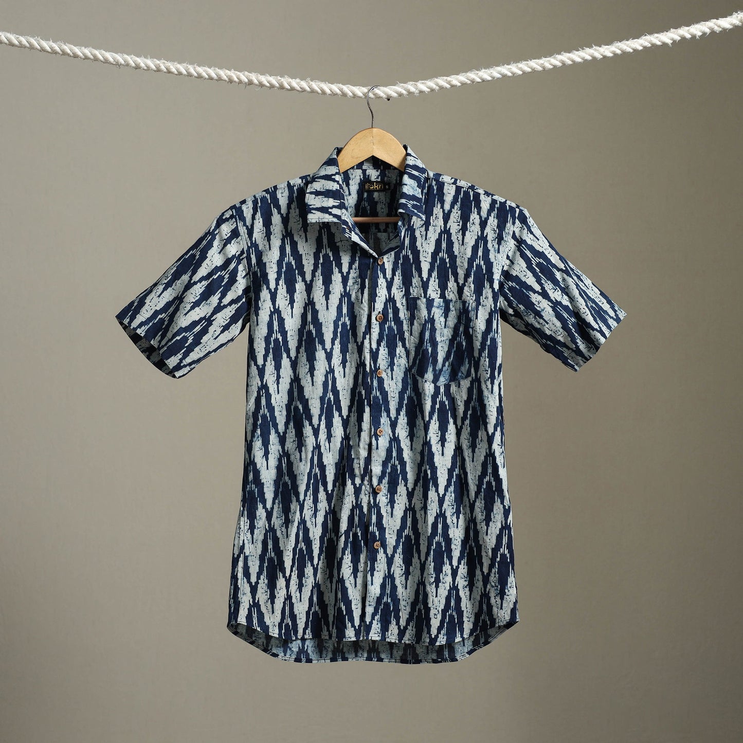 Blue Block Print Cotton Men Half Sleeve Indigo Bagru Shirt