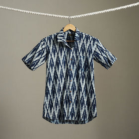 Blue Block Print Cotton Men Half Sleeve Indigo Bagru Shirt