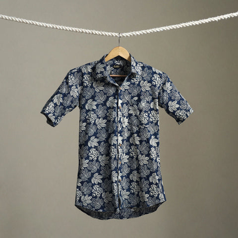 Blue Block Print Cotton Men Half Sleeve Indigo Bagru Shirt