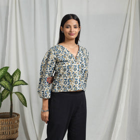 Blue Block Print Cotton Natural Dyed Ajrakh Crop Top