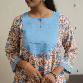 Blue - cotton patchwork a-line sanganeri kurta 09
